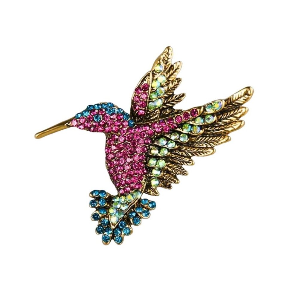 Hummingbird Brooch Pink Blue & A/B Crystals